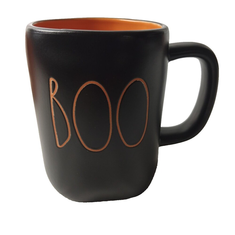 Rae Dunn Black BOO Mug Ceramic Coffee Cup Orange Interior